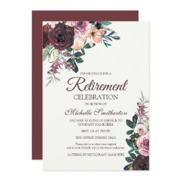 Small Burgundy Blush Pink Floral Leaves Retirement Invitation Front View