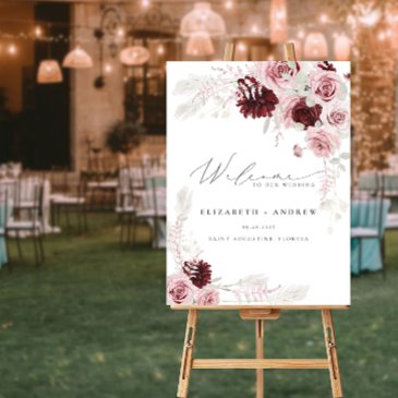 burgundy blush pink roses floral wedding welcome foam board