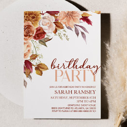 Small Burgundy Brown Orange Floral Flower Birthday Party Invitation Front View