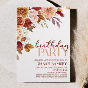 burgundy brown orange floral flower birthday party invitation
