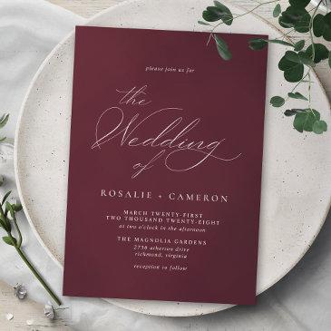 burgundy dark red | elegant script maroon wedding invitation