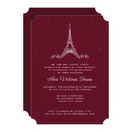 Small Burgundy Eiffel Tower Under The Stars Quinceañera Invitation Front View