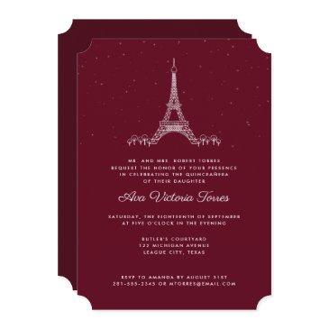 burgundy eiffel tower under the stars quinceañera invitation