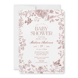 Small Burgundy Fall Toile De Jouy Floral Baby Shower Invitation Front View
