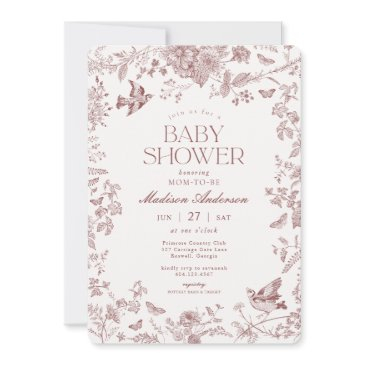 burgundy fall toile de jouy floral baby shower invitation
