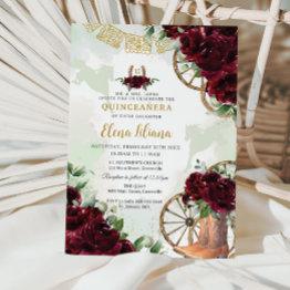 Small Burgundy Floral Charro Boots Sweet 16 Quinceañera Invitation Front View