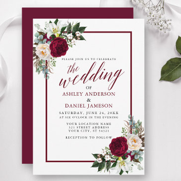 burgundy floral frame greenery calligraphy wedding invitation