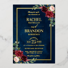 Small Burgundy Floral Gold Navy Blue Rustic Wedding Foil Invitation Front View