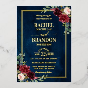 burgundy floral gold navy blue rustic wedding foil invitation
