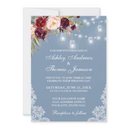 Small Burgundy Floral Jar Lights Lace Dusty Blue Wedding Invitation Front View