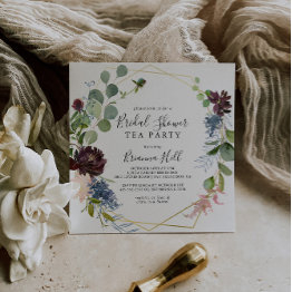 Small Burgundy Gold Geometric Bridal Shower Tea Party Invitation Front View