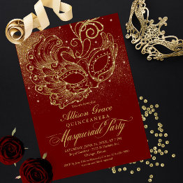 Small Burgundy Gold Quinceanera Masquerade Invitation Front View