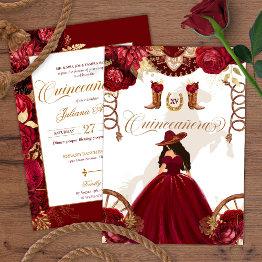 Small Burgundy Gold Western Charro 2-sided Quinceanera Invitation Front View