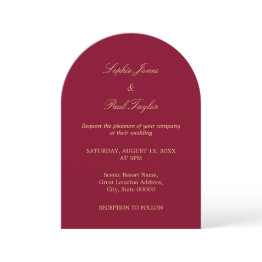 Small Burgundy Golden Beige Arch Wedding Invitation Front View