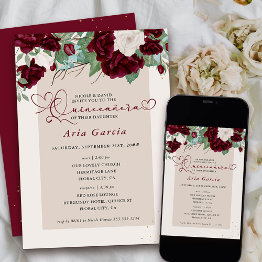 Small Burgundy Ivory Floral Roses Quinceanera And Mass Invitation Front View
