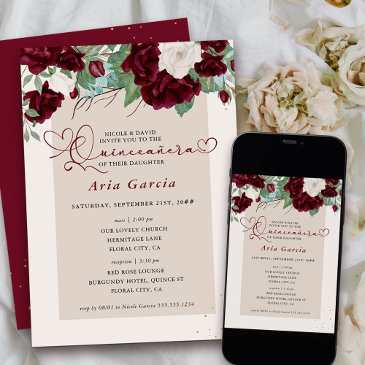 burgundy ivory floral roses quinceanera and mass invitation