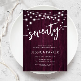 Small Burgundy Maroon Rustic Wood 70th Birthday Party Invitation Front View