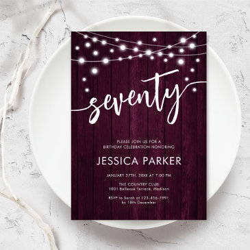 burgundy maroon rustic wood 70th birthday party invitation