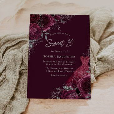 burgundy maroon, silver dress & floral sweet 16 invitation