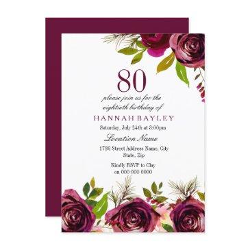 burgundy marsala floral 80th birthday invite