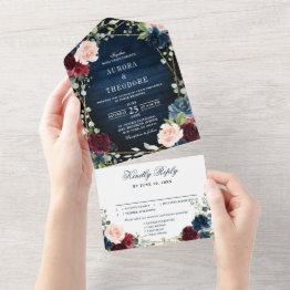 Small Burgundy Navy Blush Floral Gold Geometric Wedding All In One Invitation Front View