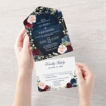 burgundy navy blush floral gold geometric wedding all in one invitation