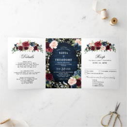 Small Burgundy Navy Blush Floral Gold Geometric Wedding Tri-fold Announcement Front View
