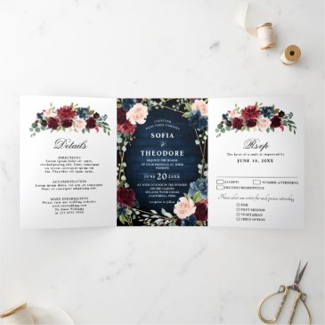burgundy navy blush floral gold geometric wedding tri-fold announcement