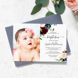 Small Burgundy & Navy Floral Photo Baptism Invitation Front View