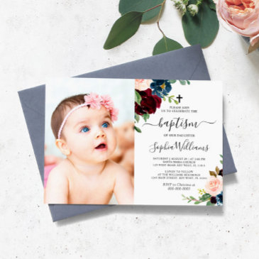 burgundy & navy floral photo baptism invitation