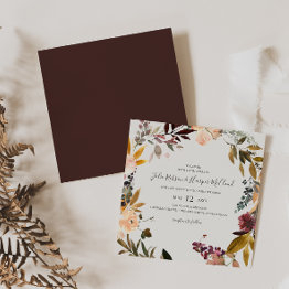 Small Burgundy Orange Floral | Beige Square Wedding Invitation Front View