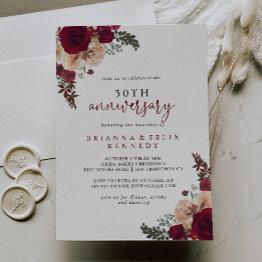 Small Burgundy Pink Floral 50th Wedding Anniversary Invitation Front View