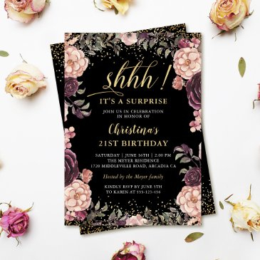 burgundy pink floral black surprise birthday party invitation