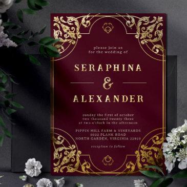burgundy red and gold | vintage maroon wedding foil invitation