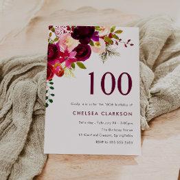 Small Burgundy Red Boho Floral 100th Birthday Party Invitation Front View