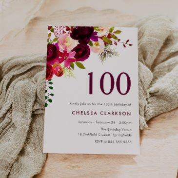 burgundy red boho floral 100th birthday party invitation