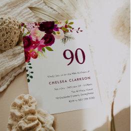 Small Burgundy Red Boho Floral 90th Birthday Party Invitation Front View