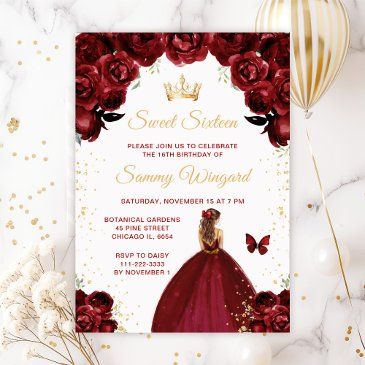 burgundy red brown hair princess sweet sixteen invitation