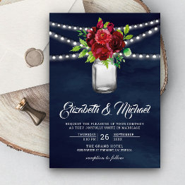 Small Burgundy Red Floral Mason Jar Navy Blue Wedding Invitation Front View