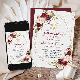 Small Burgundy Red Floral Registered Nurse Graduation Invitation Front View