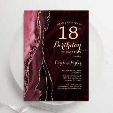 burgundy red gold agate 18th birthday invitation