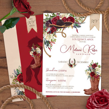 burgundy red western charro spanish quinceanera invitation