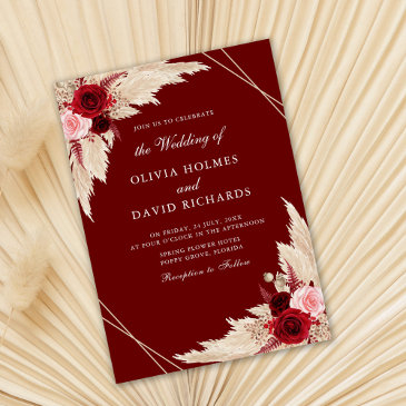 burgundy roses and pampas grass wedding invitation