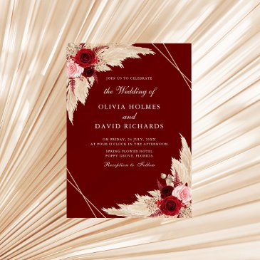 burgundy roses and pampas grass wedding invitation