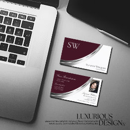 Small Burgundy White Silver Decor With Monogram & Photo Business Invitations Front View