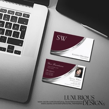 burgundy white silver decor with monogram & photo business invitations