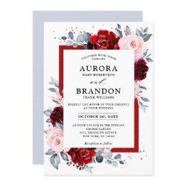 Small Burgundy Wine Dusty Blue Slate Floral Wedding Invitation Front View