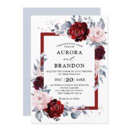 Small Burgundy Wine Dusty Blue Slate Floral Wedding Invitation Front View