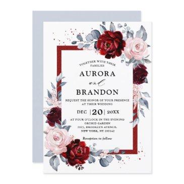 burgundy wine dusty blue slate floral wedding invitation