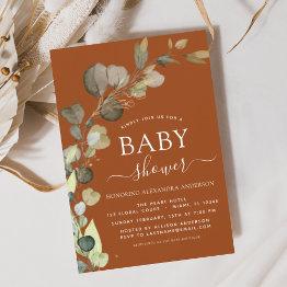 Small Burnt Orange Baby Shower Greenery Eucalyptus Invitation Front View